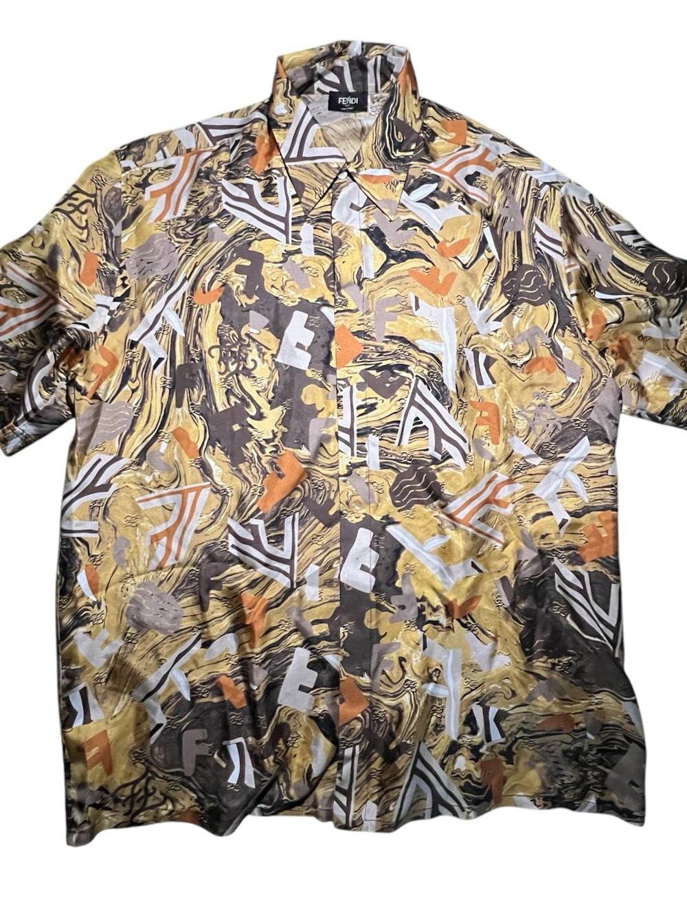 Fendi Fragment Men’s Short- Sleeve Patterned Silk Shirt - Gold